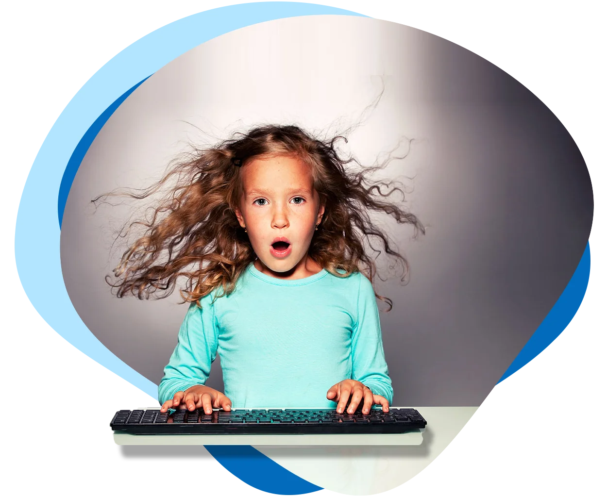 Excited young girl typing on keyboard while using KC Returns app